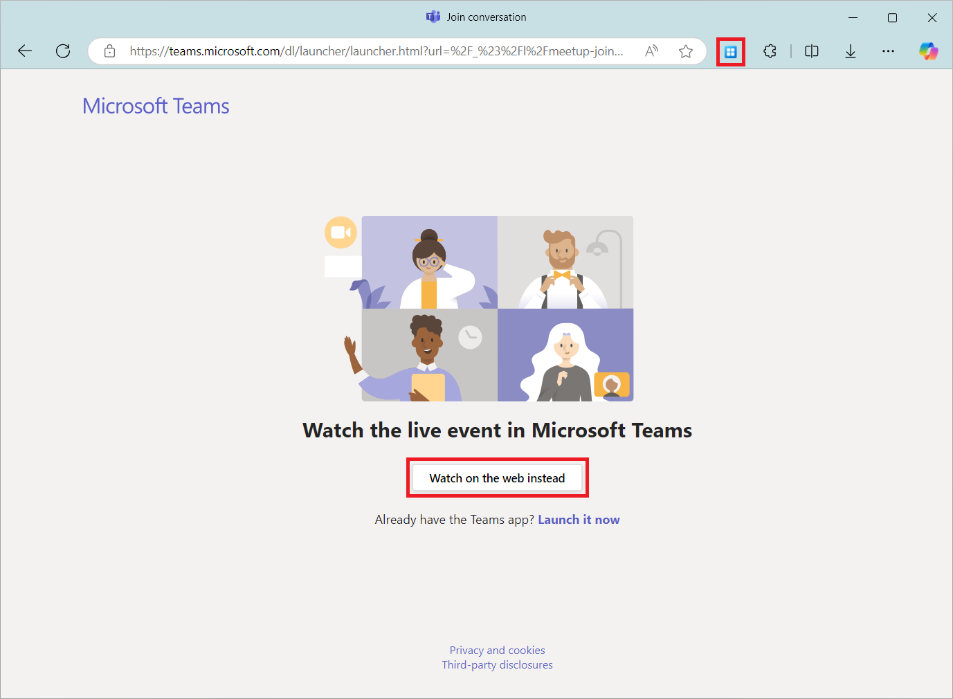 Screenshot der Webseite „Liveereignis in Microsoft Teams ansehen“. Die Option „Stattdessen im Web ansehen“ und das Symbol für die Multimediaerweiterung sind rot hervorgehoben.