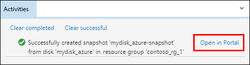 Screenshot: Azure Storage-Explorer mit hervorgehobenem Link im Bereich „Aktivitäten“, der Statusmeldungen zur Momentaufnahme enthält.