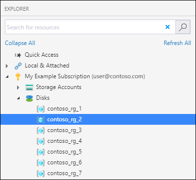 Screenshot: Azure Storage-Explorer mit hervorgehobenem Knoten „Datenträger“ zum Einfügen eines Datenträgers