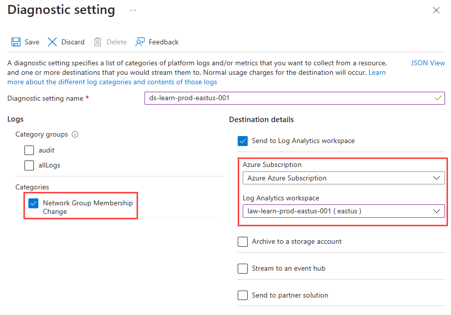 Screenshot: Seite „Diagnoseeinstellungen“ zum Einrichten des Log Analytics-Arbeitsbereichs