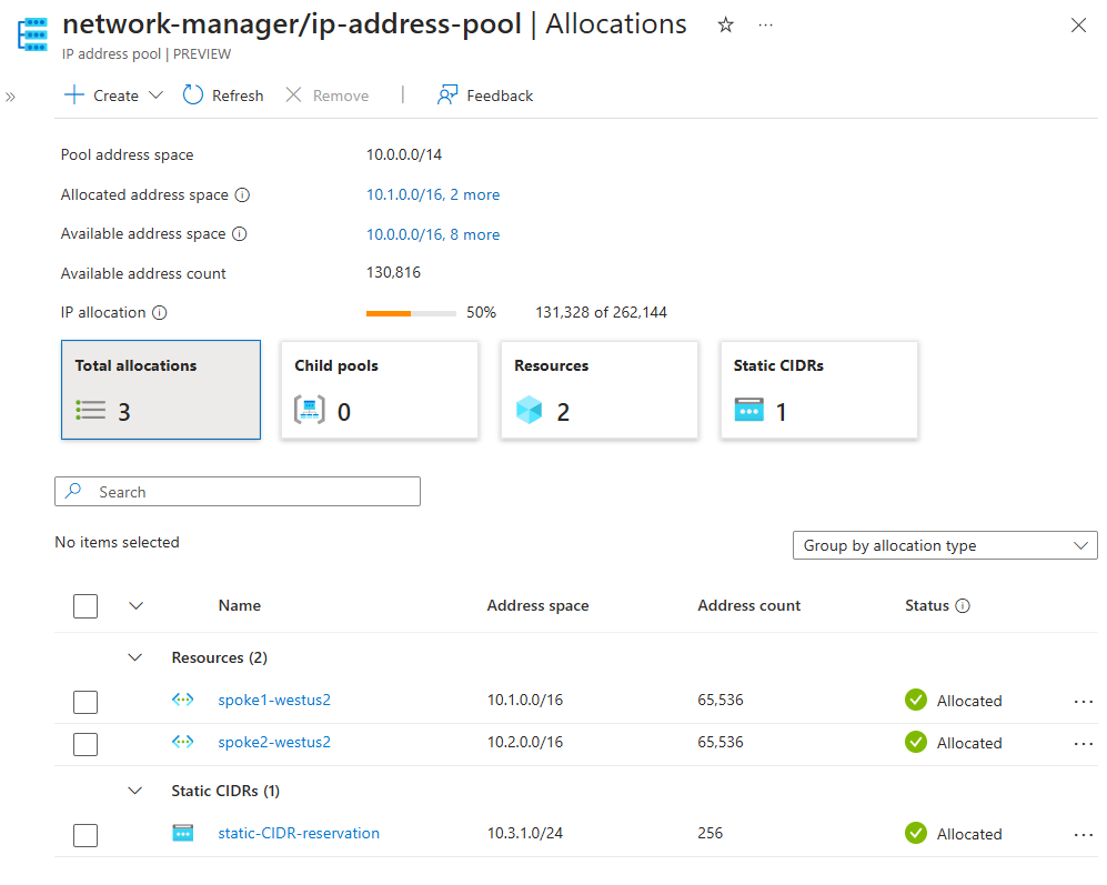 Screenshot der Zuweisungen eines IP-Adresspools und Statistiken für den Pool.