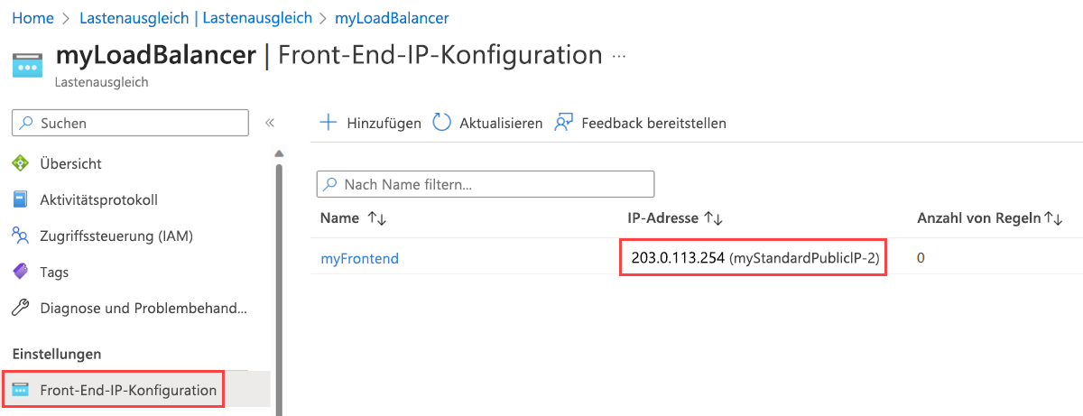 Screenshot der Seite „Front-End-IP-Konfiguration“ des Lastenausgleichs mit der neuen öffentlichen IP-Adresse