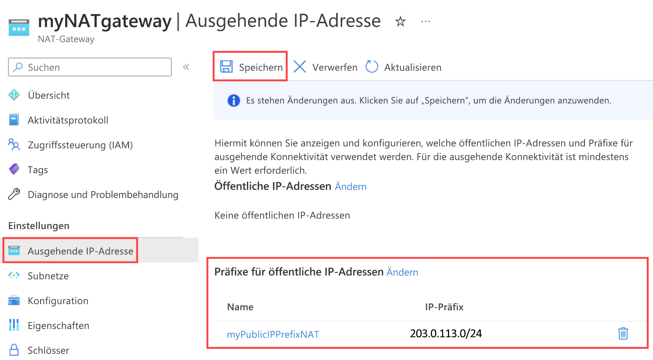 Screenshot: Seite für die Konfiguration der ausgehenden IP-Adresse des NAT-Gateways mit dem neuen Präfix für die öffentliche IP-Adresse