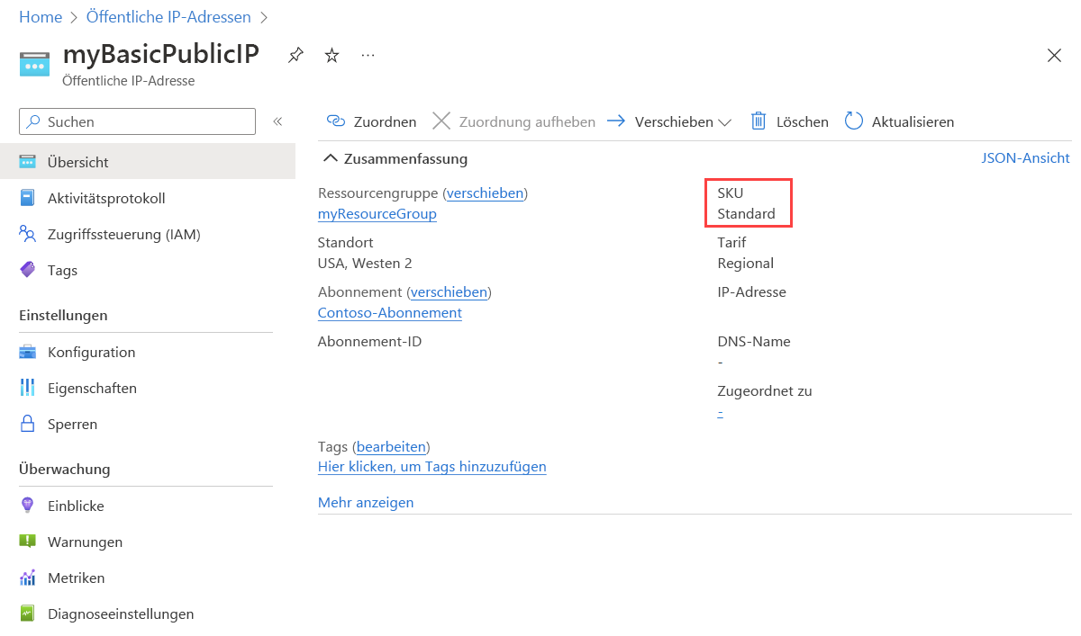 Screenshot showing public IP address is standard SKU.