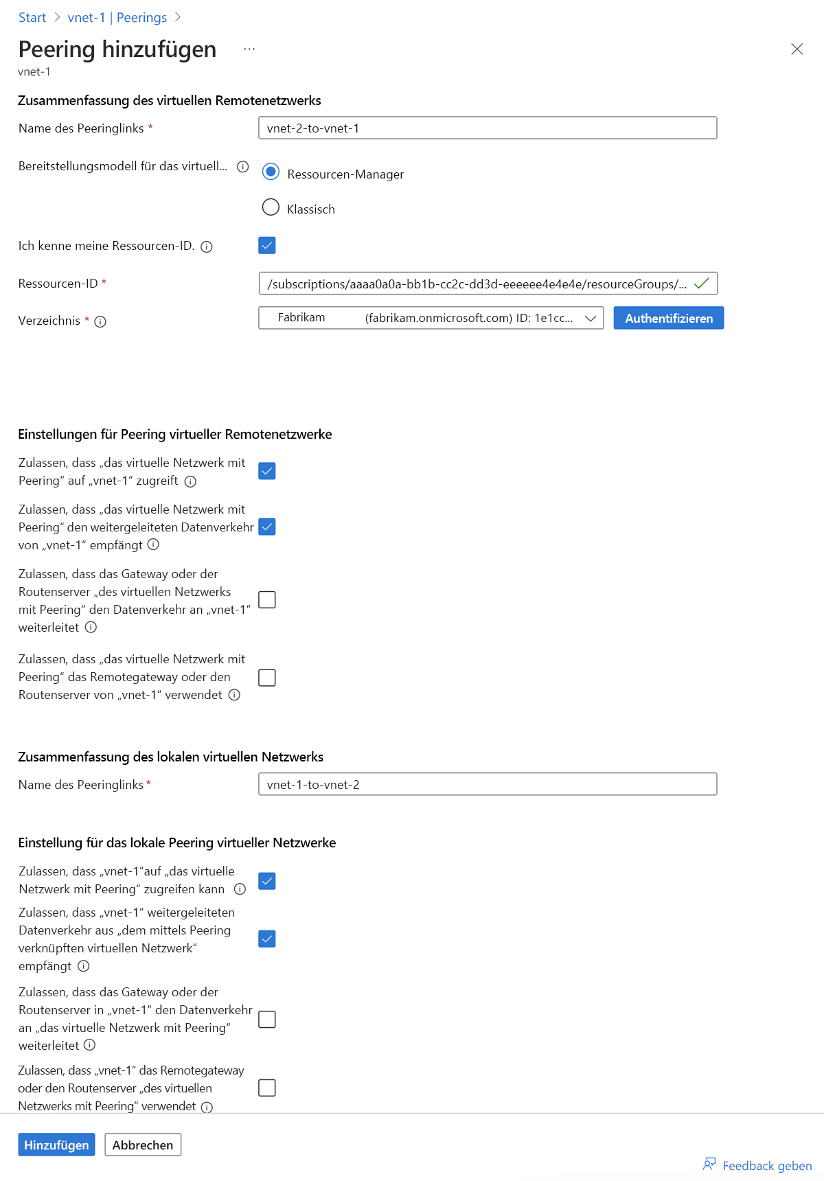 Screenshot des Peering von vnet-1 zu vnet-2.