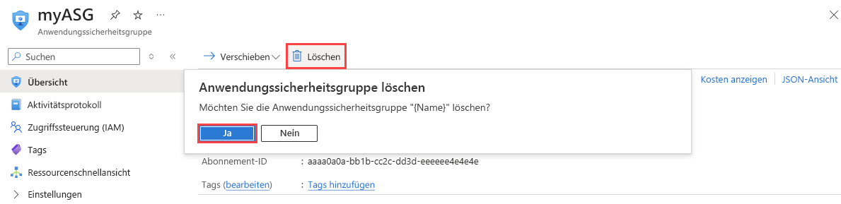 Screenshot des Löschens einer Anwendungssicherheitsgruppe im Azure-Portal