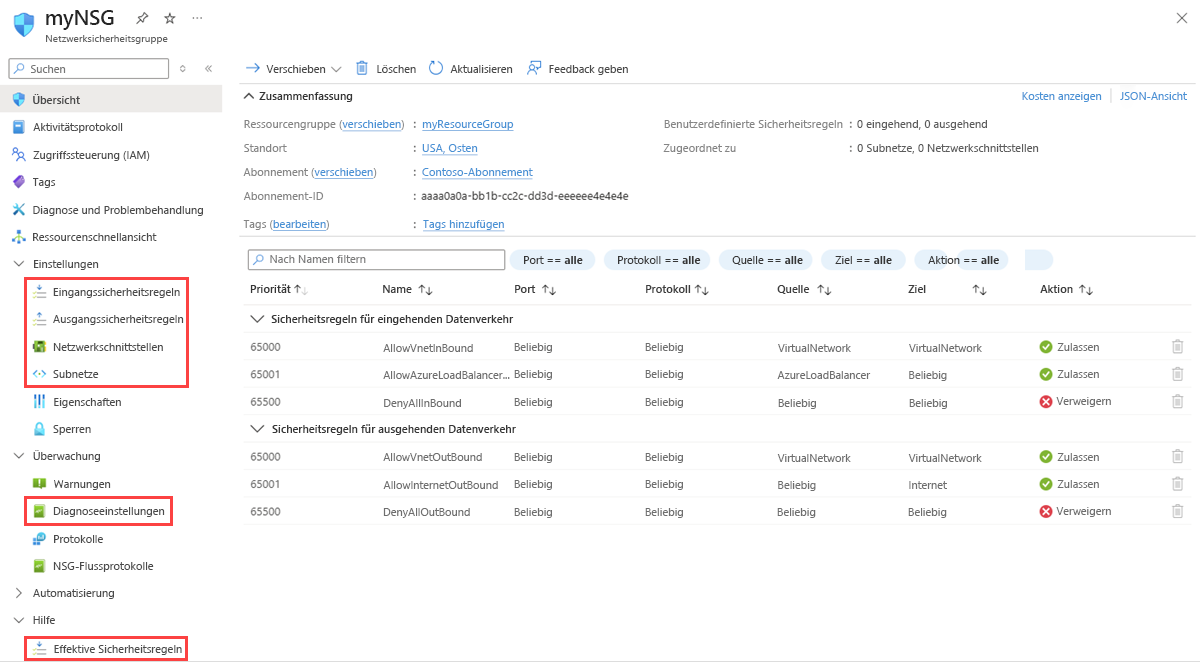 Screenshot der Seite „Netzwerksicherheitsgruppe“ im Azure-Portal