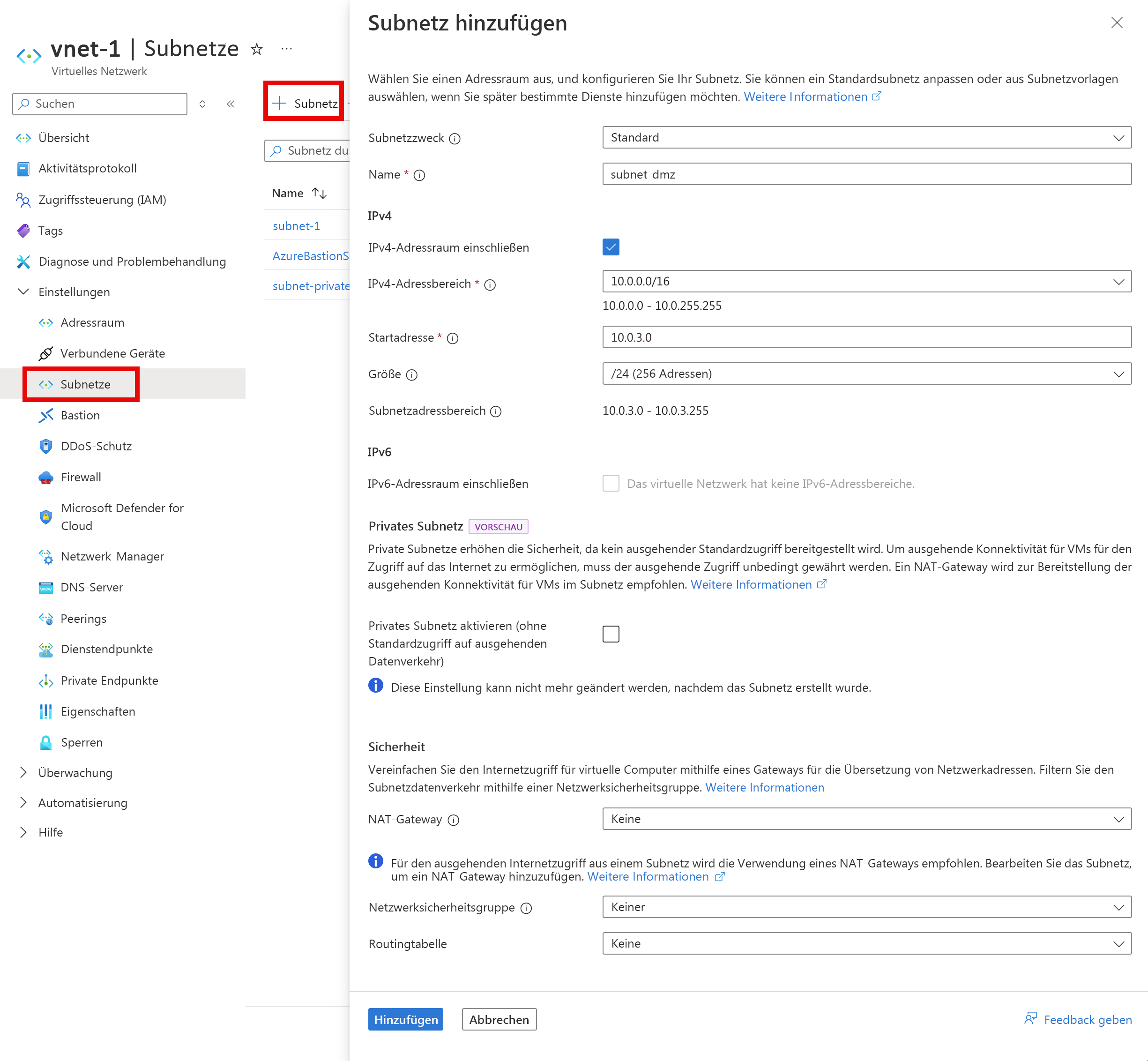 Screenshot: Erstellung des DMZ-Subnetzes im virtuellen Netzwerk