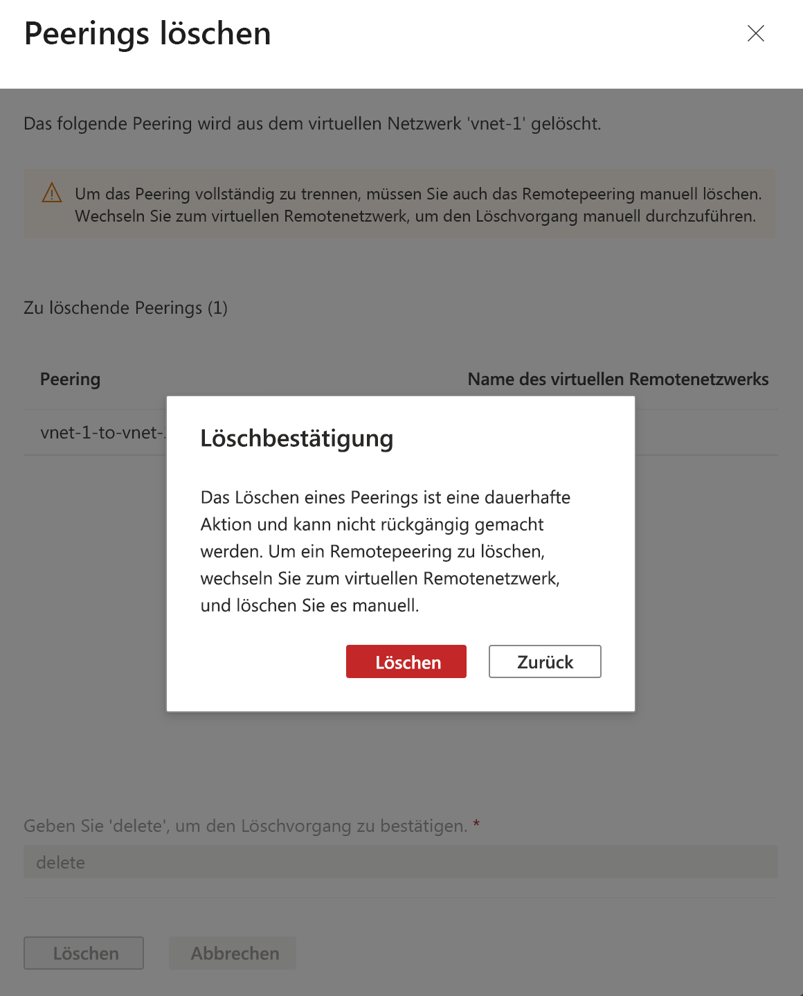 Screenshot der Bestätigung für das Löschen des Peerings
