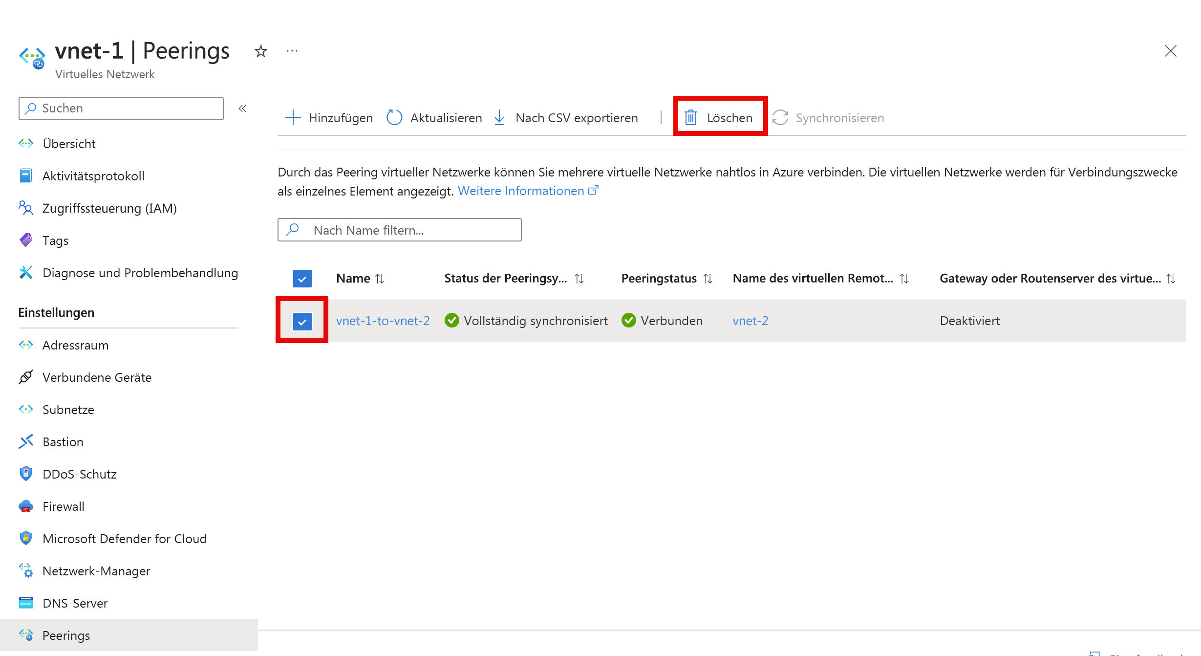 Screenshot des Löschens eines Peerings des virtuellen Netzwerks
