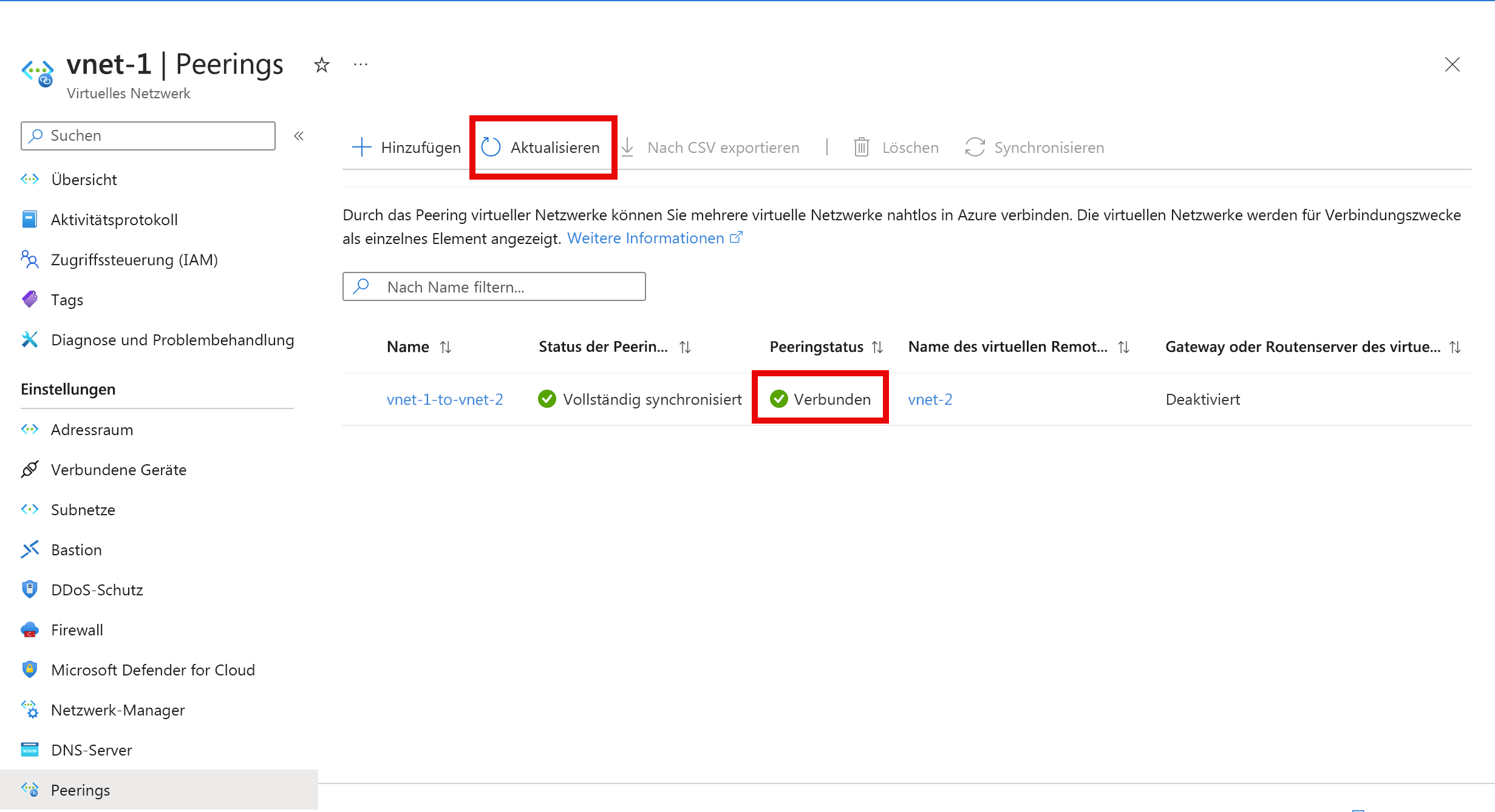 Screenshot des Status des Peerings virtueller Netzwerke auf der Peeringsseite