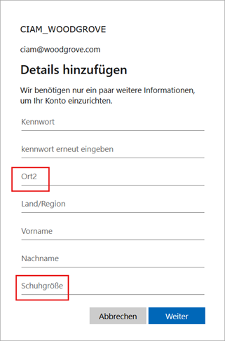 Screenshot der auf der Registrierungsseite geänderten Attribute.