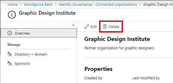 Schaltfläche „Löschen“ für die verbundene Organisation