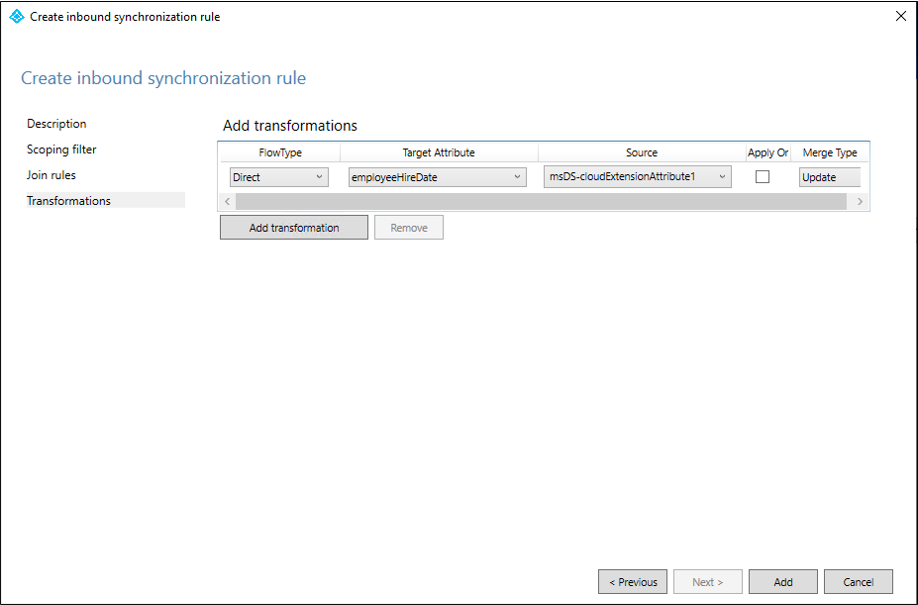 Screenshot: Erstellen von Transformationen für eingehende Synchronisierungsregeln