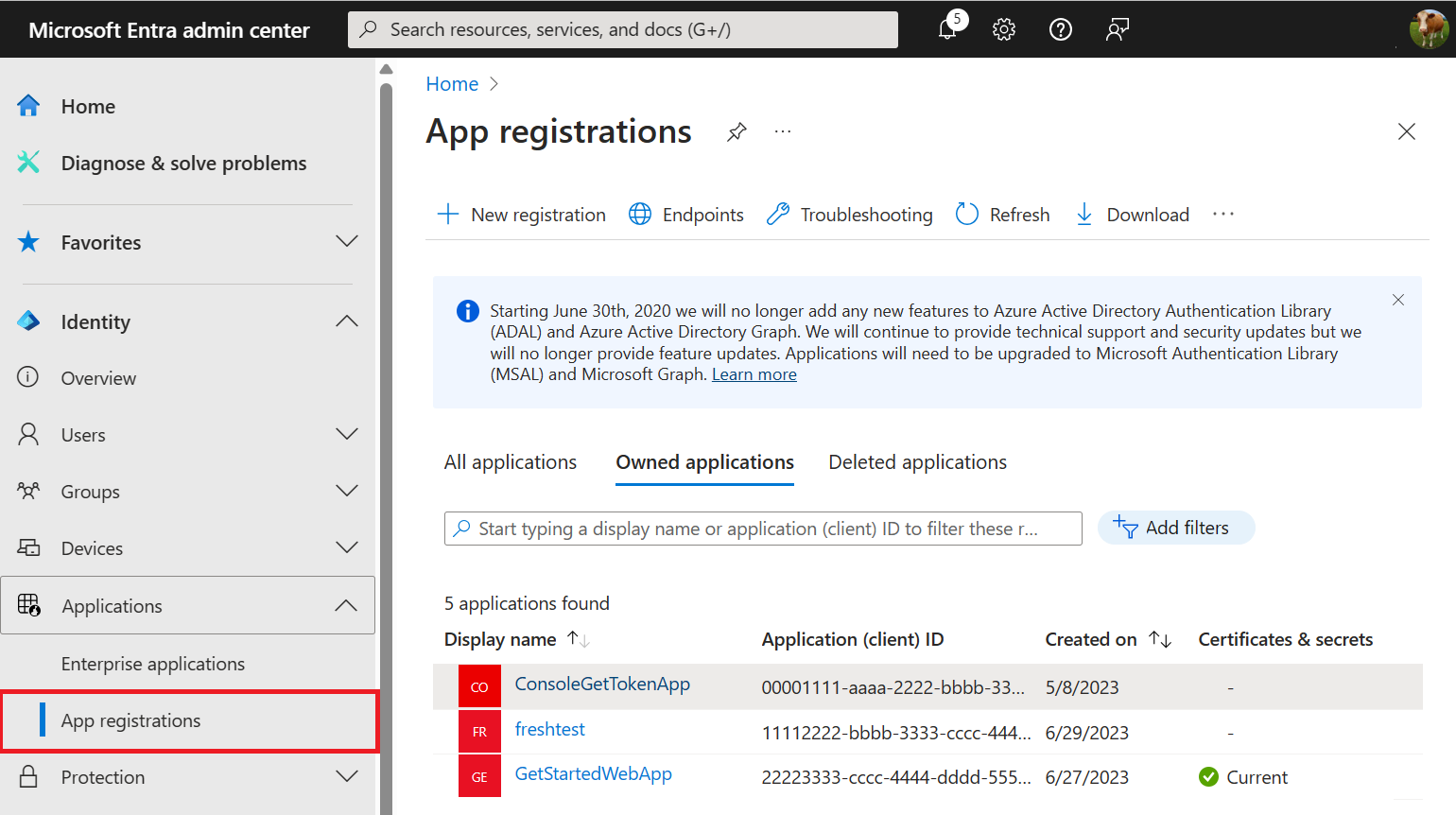 Blatt „App-Registrierungen“