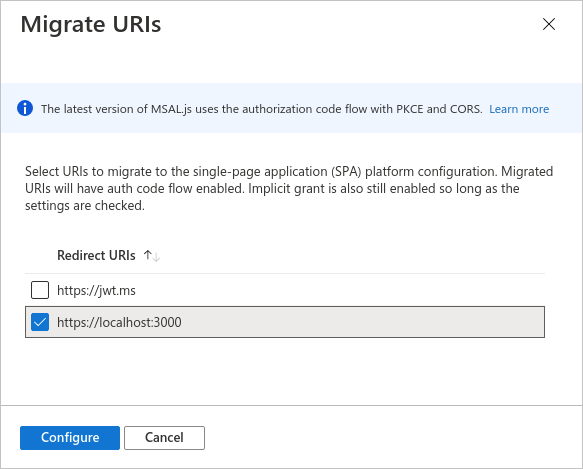 Auswählen des Bereichs „Umleitungs-URI“ im Bereich „Single-Page-Webanwendung“ im Azure-Portal