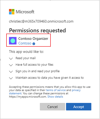 Screenshot: Beispiel einer Zustimmungsaufforderung für eine Microsoft-App