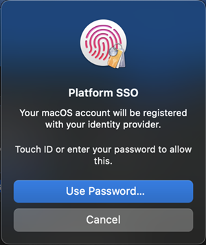 Screenshot eines Beispiels für ein Popupfenster, in dem die Benutzerin oder der Benutzer aufgefordert wird, das macOS-Konto bei dem Identitätsanbieter mithilfe von Plattform SSO zu registrieren.