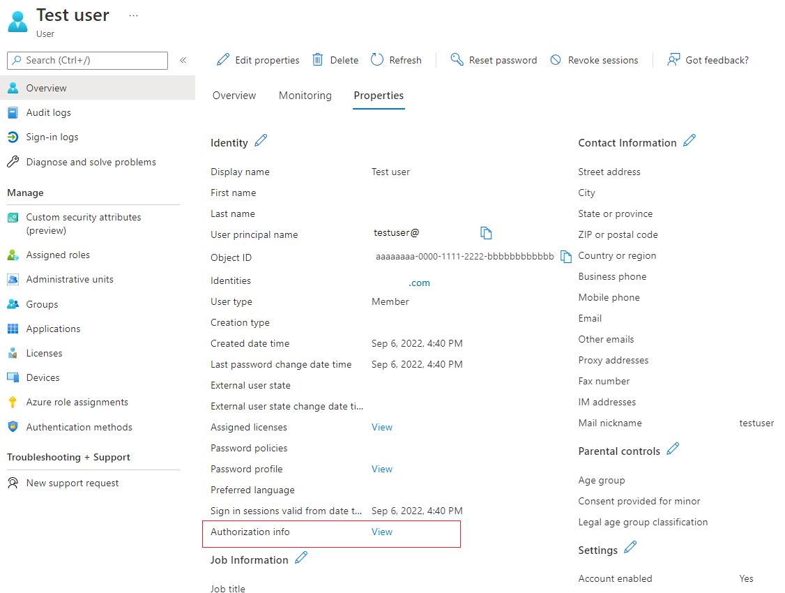 Screenshot: Autorisierungsinformationen anzeigen