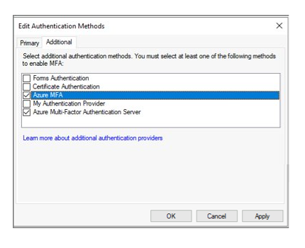 Screenshot des Bildschirms „Authentifizierungsmethoden bearbeiten“ mit ausgewählten Optionen „Multi-Faktor-Authentifizierung in Microsoft Entra“ und „Microsoft Azure Multi-Factor Authentication-Server“