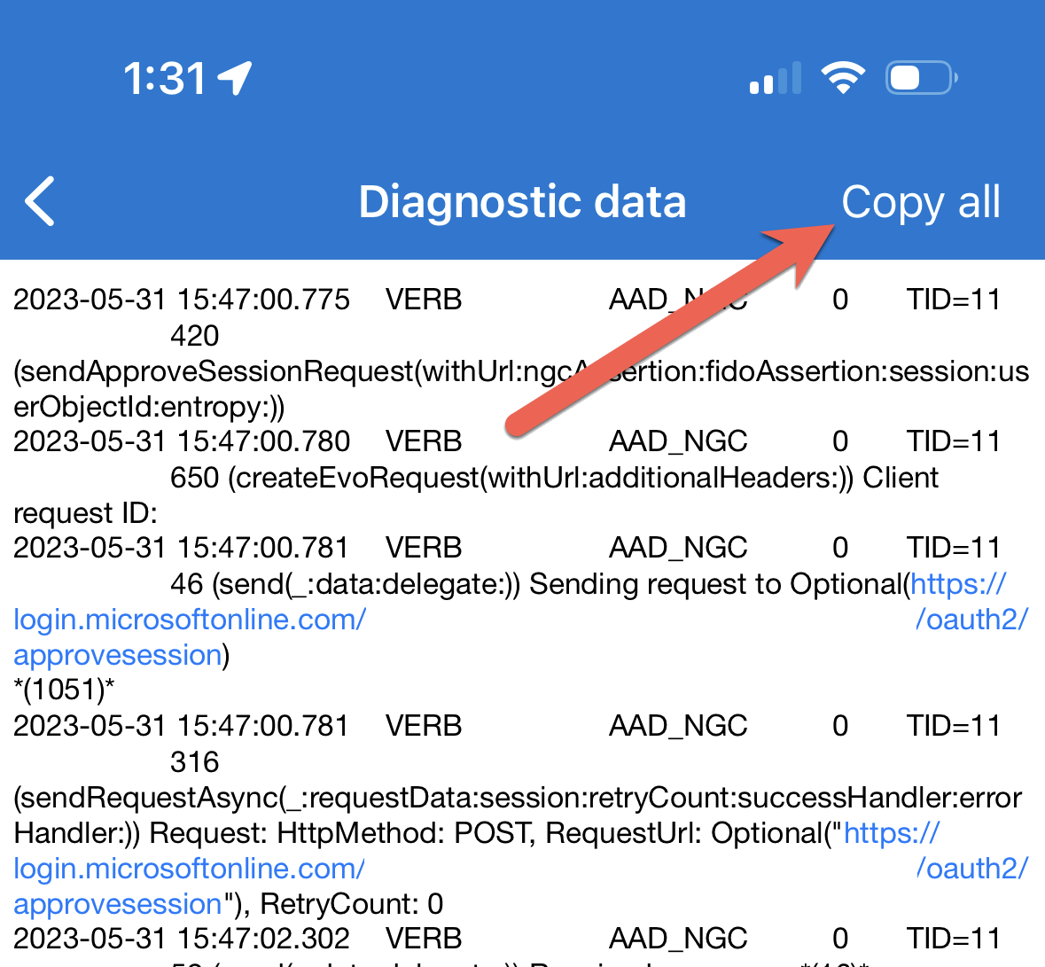 Screenshot, der die Position der Option „Alle Protokolle kopieren“ in der Microsoft Authenticator-App zeigt.