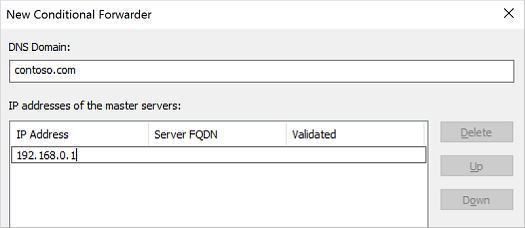 Screenshot zum Hinzufügen und Konfigurieren einer bedingten Weiterleitung für den DNS-Server.