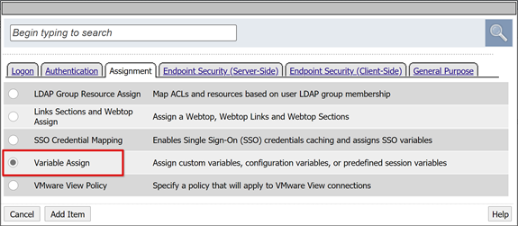 Screenshot der Option „Variable Assign“ (Variable zuweisen) auf der Registerkarte „Assignment“ (Zuweisung).