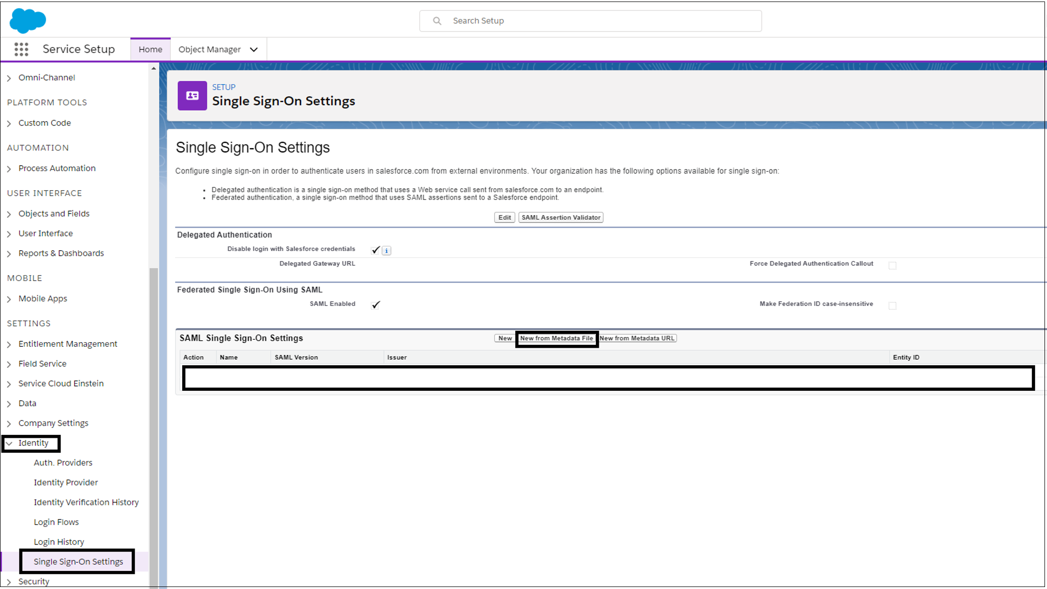 Screenshot: Option „New from Metadata File“ (Neu aus Metadatendatei) unter „Single Sign On Settings“ (SSO-Einstellungen)