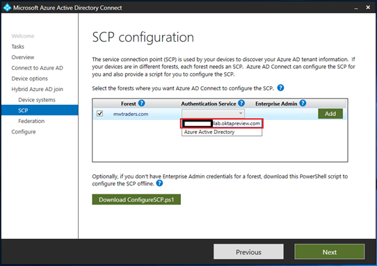 Screenshot der Dropdownliste „Authentifizierungsdienst“ im Dialogfeld „Microsoft Entra Connect“.