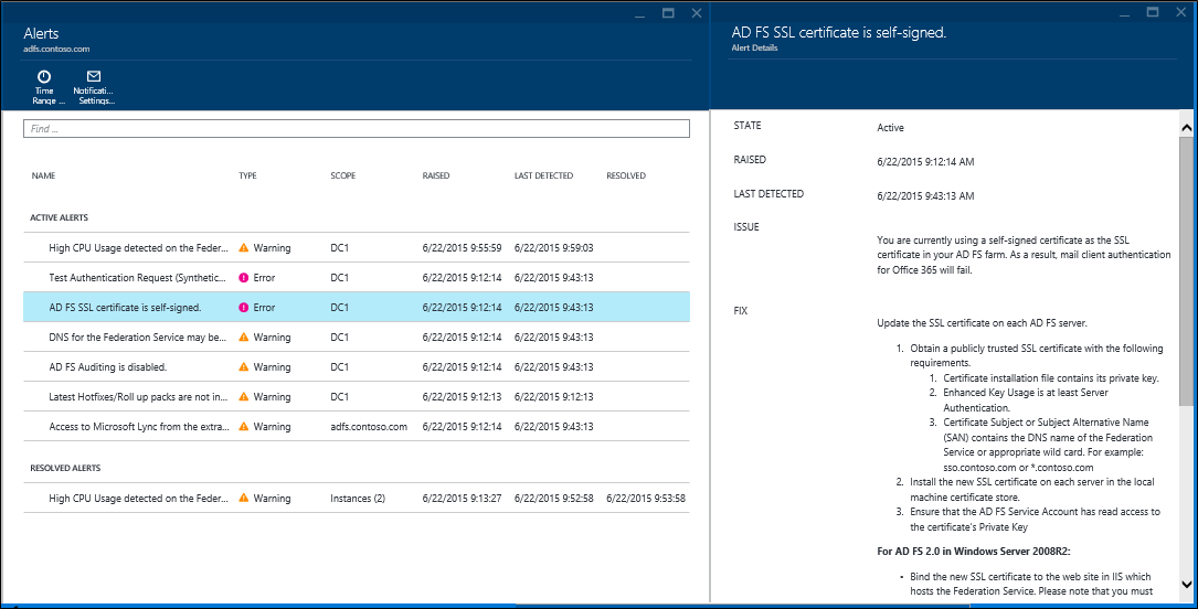 Screenshot: Seite „Warnungen“ von Microsoft Entra Connect Health mit einer ausgewählten Warnung und dem geöffneten Fenster „Warnungsdetails