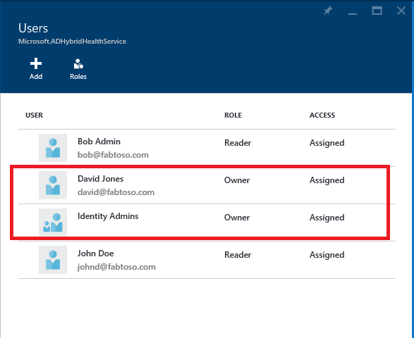 Screenshot: Microsoft Entra Connect Health und Azure RBAC mit hervorgehobenen neuen Benutzern