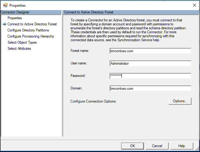 Screenshot: Seite „Mit Active Directory-Gesamtstruktur verbinden“ im Fenster „Eigenschaften“.