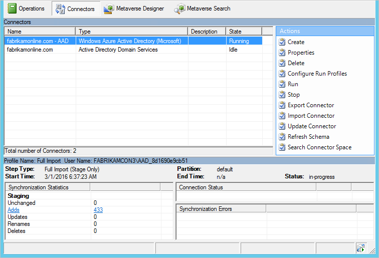 Screenshot des Microsoft Entra Connect-Synchronisierungsdienst-Managers.