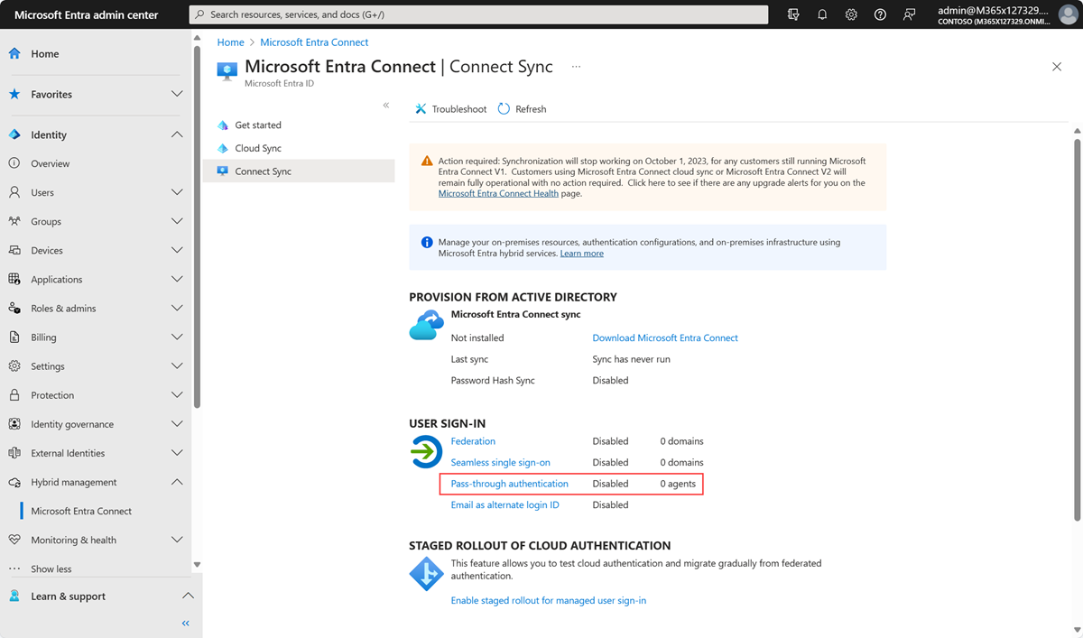 Screnshot, der das Blatt „Microsoft Entra Connect“ im Microsoft Entra Admin Center anzeigt.