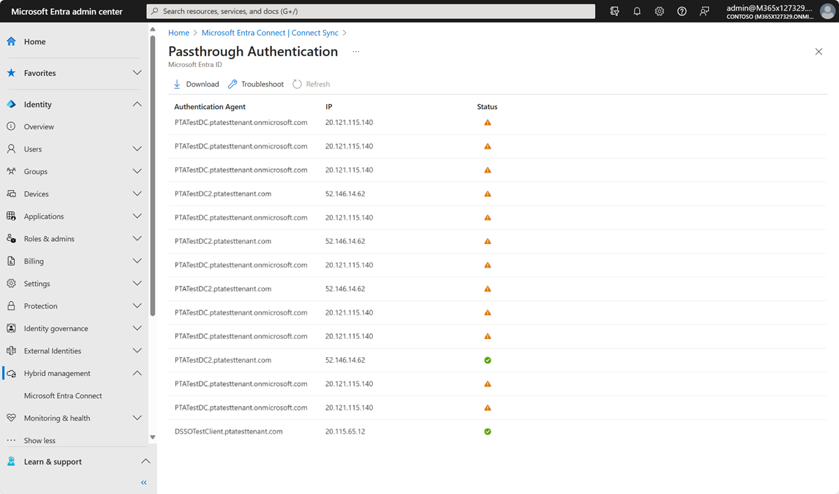 Screenshot, der das Blatt „Passthrough-Authentifizierung“ im Microsoft Entra Admin Center anzeigt.