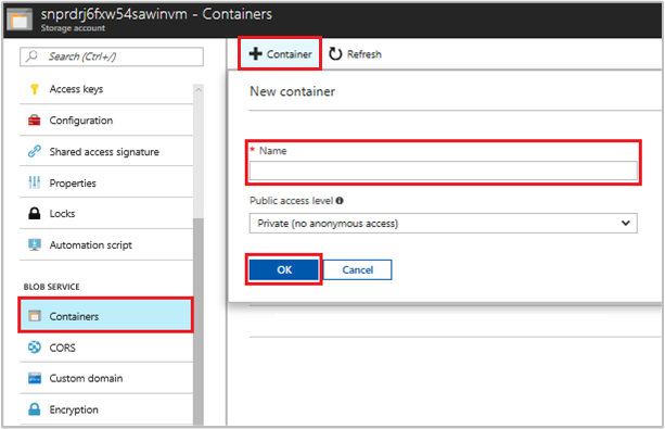 Screenshot: Erstellen eines neuen Speichercontainers