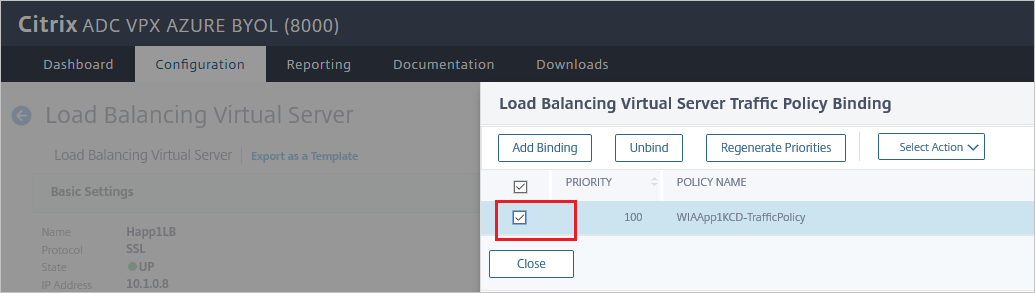 Screenshot der Citrix ADC SAML Connector for Microsoft Entra-Konfiguration: Bereich zum Binden der Datenverkehrsrichtlinie für den virtuellen Lastenausgleichsserver.