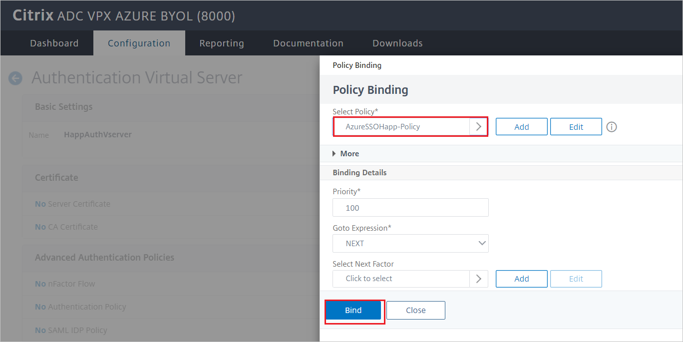 Screenshot der Citrix ADC SAML Connector for Microsoft Entra-Konfiguration: Bereich „Richtlinienbindung“.