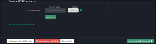 Screenshot der Registerkarte „Custom HTTP headers“ (Benutzerdefinierte HTTP-Header) der Akamai EAA-Konsole für SECRETRDPAPP mit der Schaltfläche „Save“ (Speichern) und der Schaltfläche zum Wechseln zu „Deployment“ (Bereitstellung) in der unteren rechten Ecke.