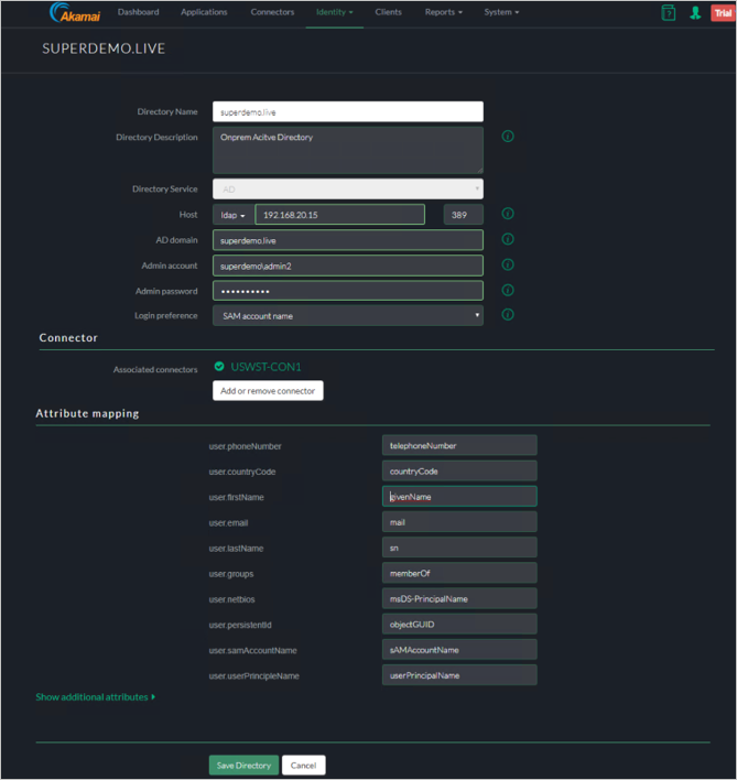 Screenshot des Fensters „SUPERDEMOLIVE“ der Akamai EAA-Konsole mit Einstellungen für „DirectoryName“ (Verzeichnisname), „Directory Service“ (Verzeichnisdienst), Connector und „Attribute mapping“ (Attributzuordnung).