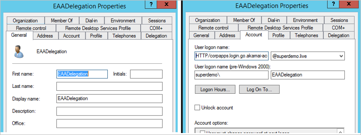 Screenshot der EAADelegation-Eigenschaften, wobei der Vorname auf „EAADelegation“ und der Anmeldename des Benutzers auf „HTTP/corpapps.login.go.akamai-access.com“ festgelegt ist.