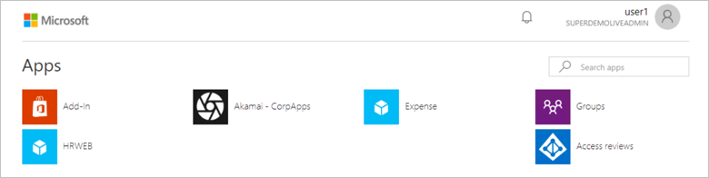 Screenshot des Fensters „Apps“ von „myapps.microsoft.com“ mit Symbolen für Add-In, HRWEB, Akamai – CorpApps, Ausgaben, Gruppen und Zugriffsüberprüfungen.