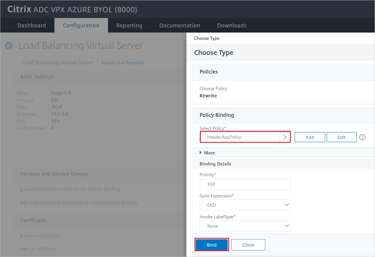 Citrix ADC-Konfiguration: Bereich zum Binden der Datenverkehrsrichtlinie für den virtuellen Lastenausgleichsserver