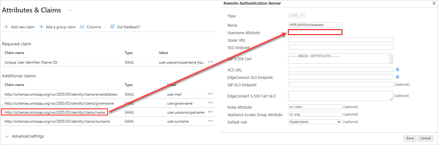 Screenshot: Konfigurieren des username-Attributs