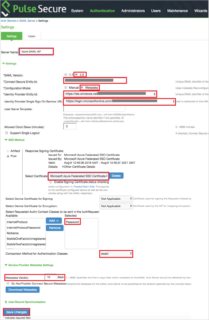 Pulse Connect Secure auth server settings