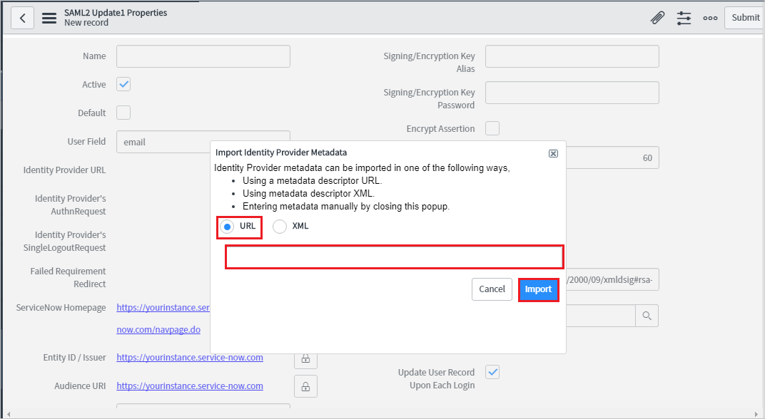 Screenshot: Dialogfeld „Import Identity Provider Metadata“ (Metadaten des Identitätsanbieters importieren) mit Hervorhebung der URL und der Option „Import“ (Importieren)