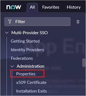 Screenshot: Abschnitt „Multi-Provider SSO“ (Multi-Provider-SSO) mit Hervorhebung von „Multi-Provider SSO“ (Multi-Provider-SSO) und „Properties“ (Eigenschaften)