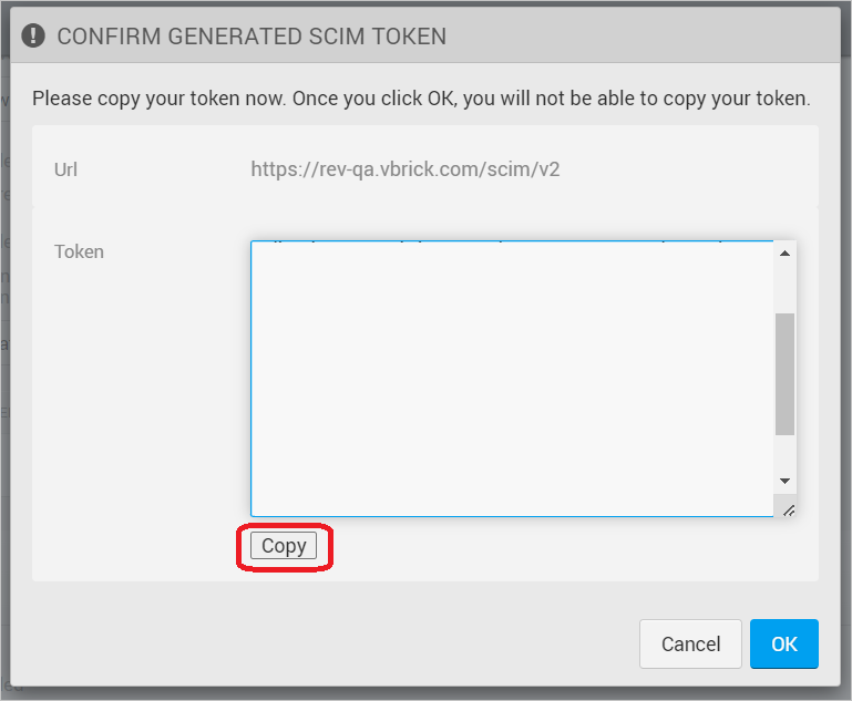 Screenshot: Einstellungen für die Benutzersicherheit in Vbrick Rev mit hervorgehobenem Abschnitt für das SCIM-Token