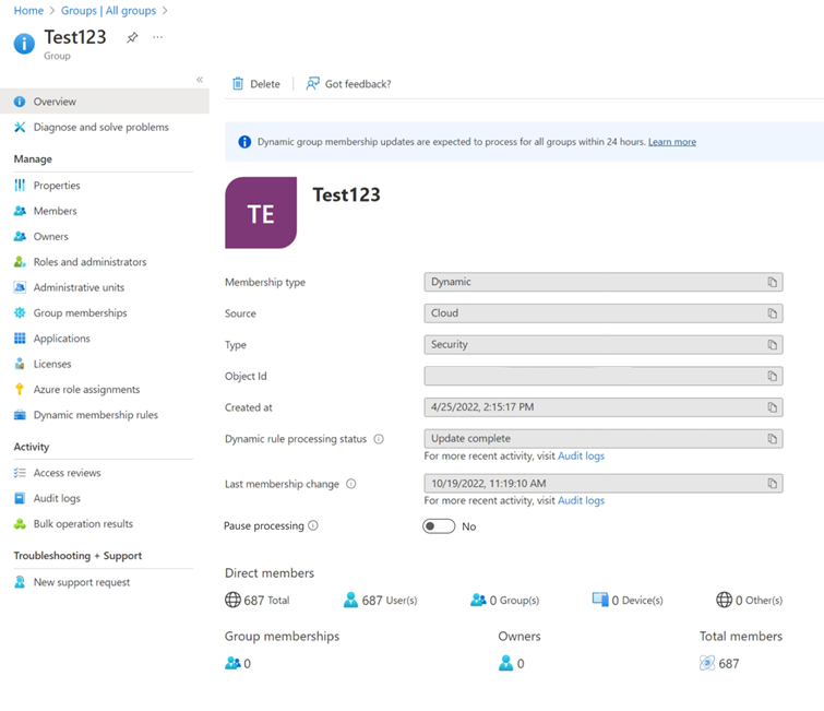 Screenshot eines Diagramms des dynamischen Status der Mitgliedergruppe.