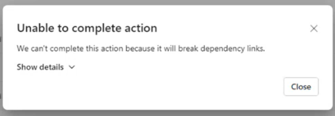 Screenshot: Abhängigkeitsfehler. Auf der Benutzeroberfläche wird angezeigt, dass die Aktion nicht abgeschlossen werden kann.